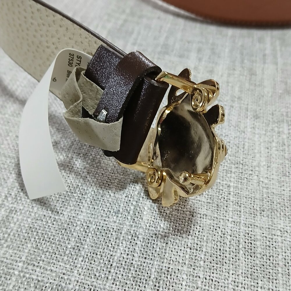 Another Line Dark Brown Leather Belt with Gold Frog Buckle with Rhinestone Eyes. - Picture 3 of 9